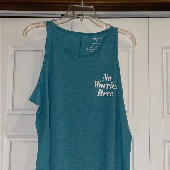 Torrid Blue Tank Top with “No worries here”. - Picture 4 of 5